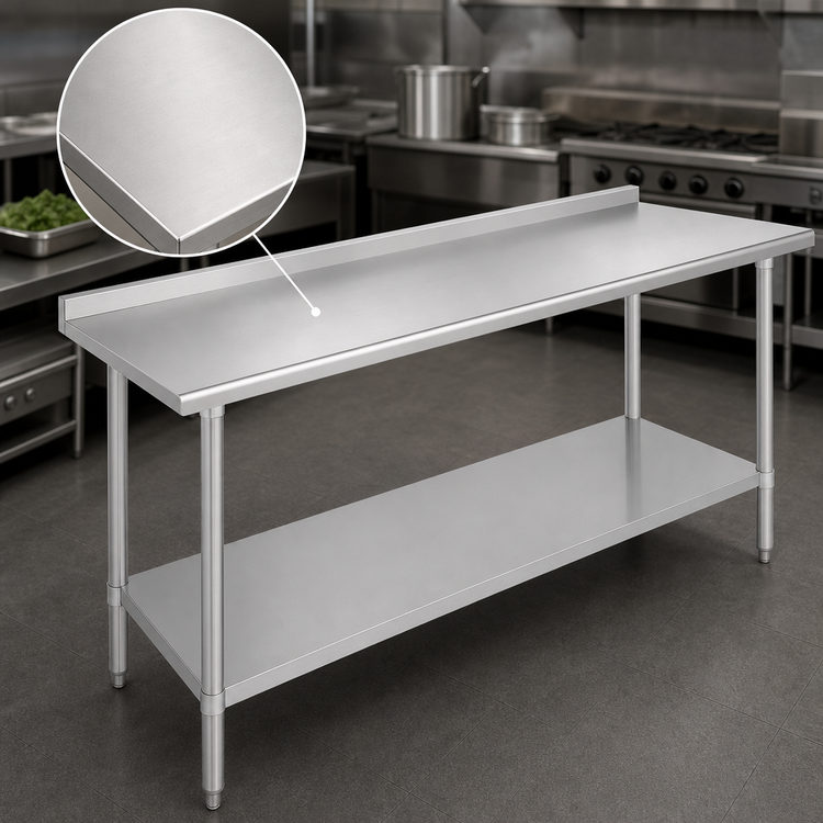 Product image #3 for Duke 84-Inch x 36-Inch 16-Gauge 300 Series Stainless Steel Work Table with 1-1/8-Inch Riser