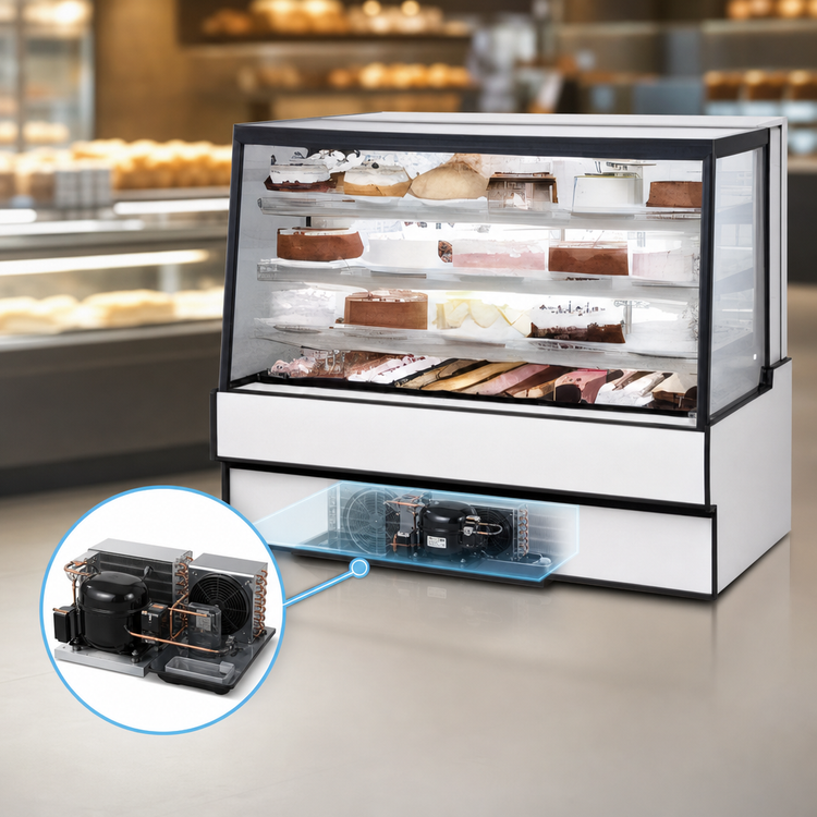 Product image #3 for Full Service Straight Glass Refrigerated Bakery Display Case, 77-1/8"W x 35-5/16"D x 48"H, Self-Contained, 3/4 HP