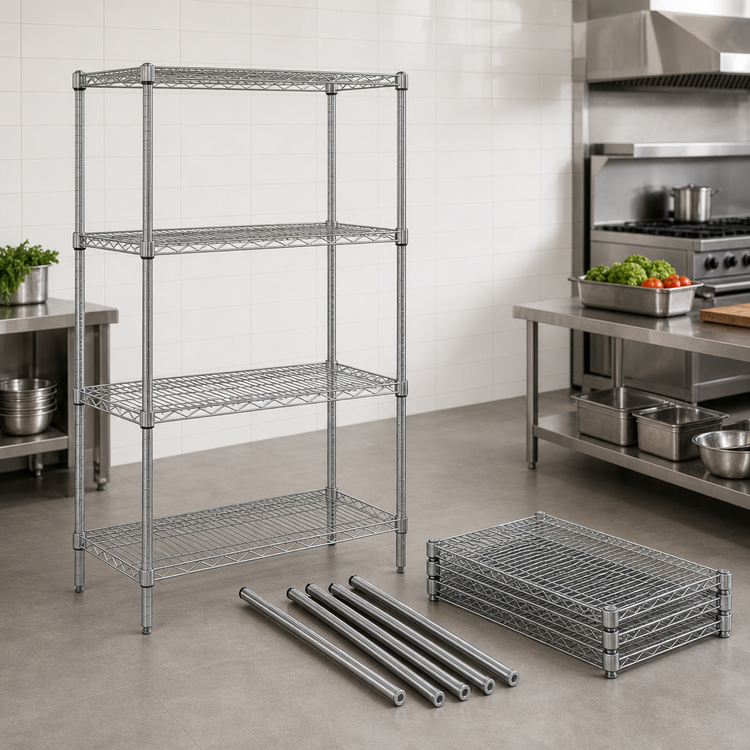 Product image #3 for Quantum 4-Shelf Stationary Wire Shelving Starter Kit, 42 x 24 x 63 Inches, 600-800 lb Capacity, 304 Stainless Steel