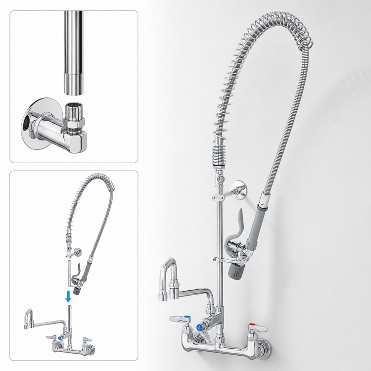 Product image #3 for EasyInstall 8-Inch Wall-Mount Pre-Rinse Add-On Faucet with 18-Inch Double-Joint Swing Nozzle and Low-Flow Spray Valve