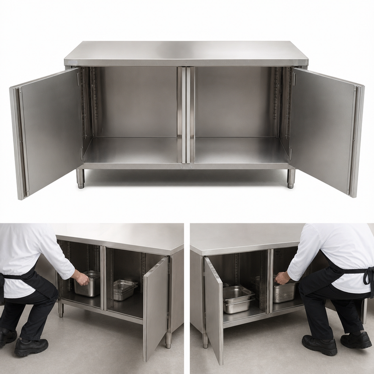 Product image #3 for BK Resources Dual-Access Stainless Steel Chef Table Cabinet Base with Locking Doors, 60 x 24 x 34-3/4 Inches