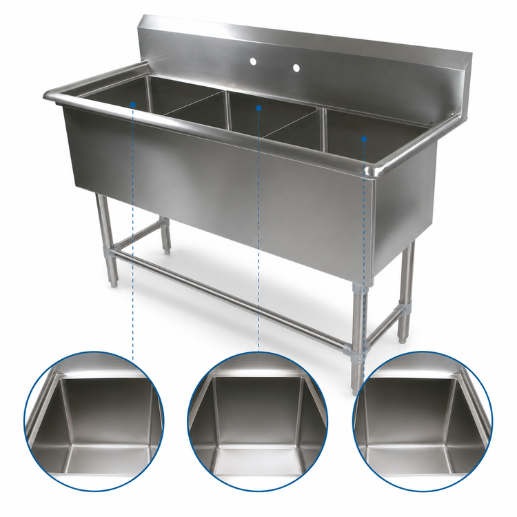 Product image #3 for John Boos Pro-Bowl 3-Compartment Stainless Steel Sink, 65-1/8-Inch Wide, 10-Inch Backsplash