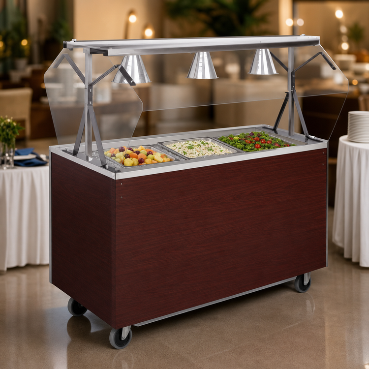Product image #3 for Vollrath 2-Series Affordable Portable 3-Pan 46-Inch Non-Refrigerated Cold Food Station with Buffet Breath Guard, Lights, and Cherry Woodgrain Storage Base
