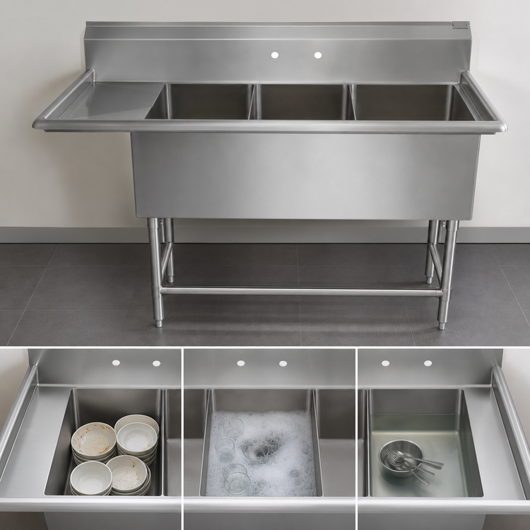 Product image #3 for John Boos Pro-Bowl 3-Compartment Sink with Left Drainboard, 24 x 24 x 12 Bowls, 14-Gauge Stainless Steel