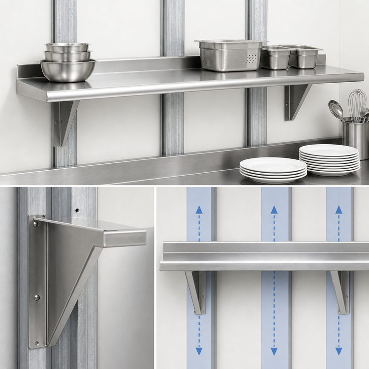 Product image #3 for Advance Tabco Wall-Mounted Stainless Steel Shelf, 144" W x 18" D, 18-Gauge 430 Satin Finish