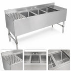 Thumbnail image #3 for John Boos Slim-Line UBS3-1872-2D18 72-Inch 3-Compartment Stainless Steel Underbar Sink with Dual Drainboards and 3-Inch Backsplash