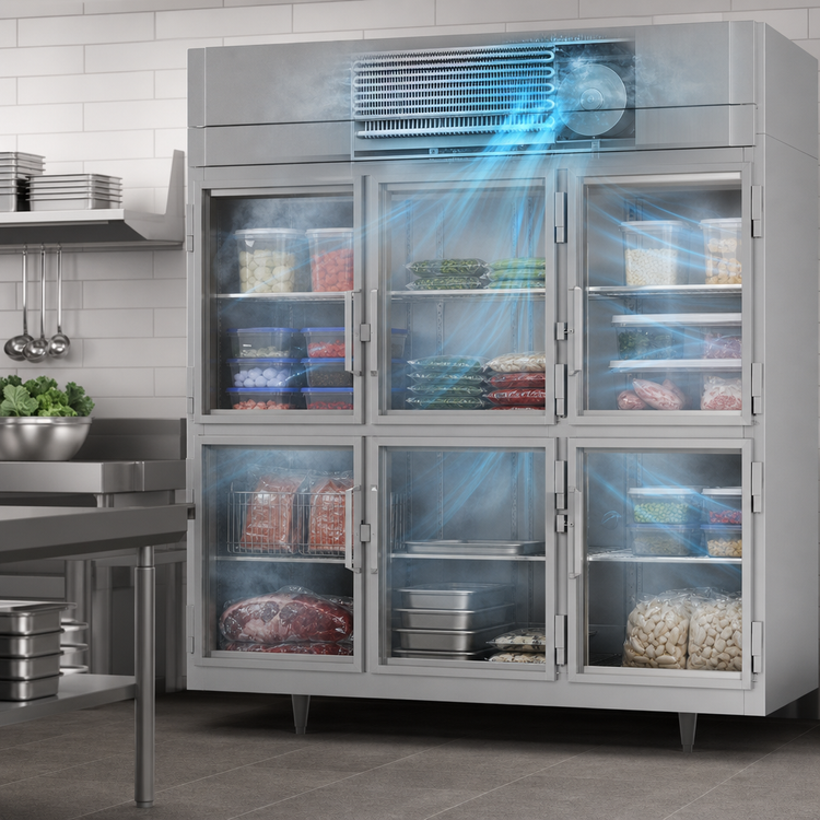 Product image #4 for Victory UltraSpec Three-Section Reach-In Freezer with 6 Half-Height Glass Doors, 70.1 Cu. Ft., Self-Contained Top-Mounted Refrigeration