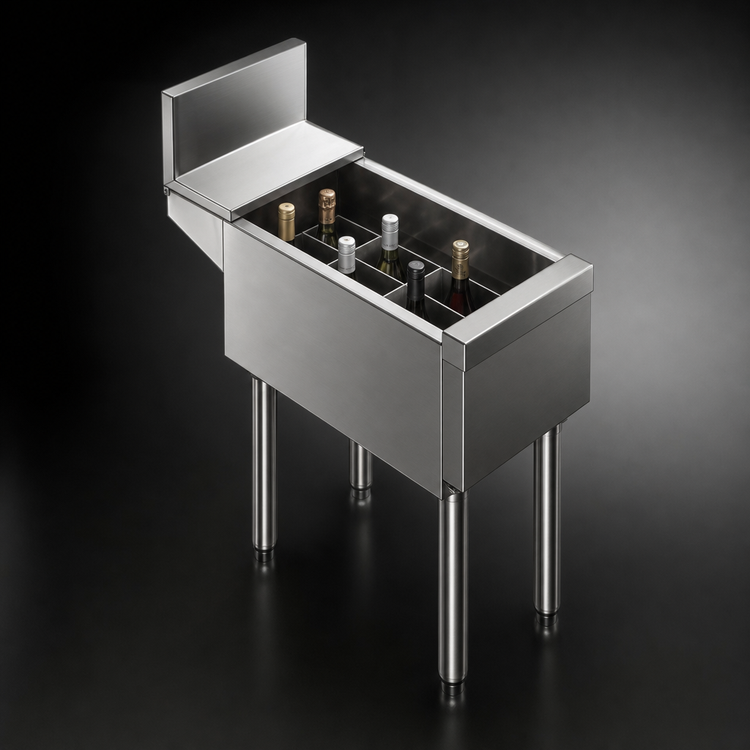 Product image #3 for Insulated Freestanding Underbar Bottle Storage Bin, Open Chest, 6 Bottle Wells, Stainless Steel, 12 x 24 Inch