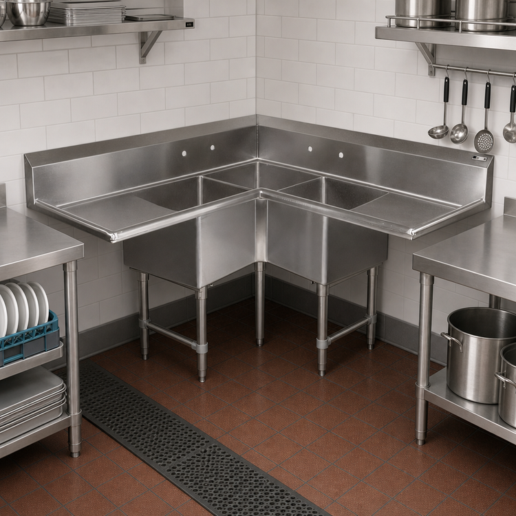 Product image #3 for John Boos Pro-Bowl 3-Compartment Stainless Steel Corner Sink with Dual Drainboards