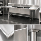 Thumbnail image #3 for Eagle Group S14 Series S14-20-3-24-SL 115-Inch Three-Compartment Commercial Sink with Left and Right Drainboards, 14-Gauge 304 Stainless Steel