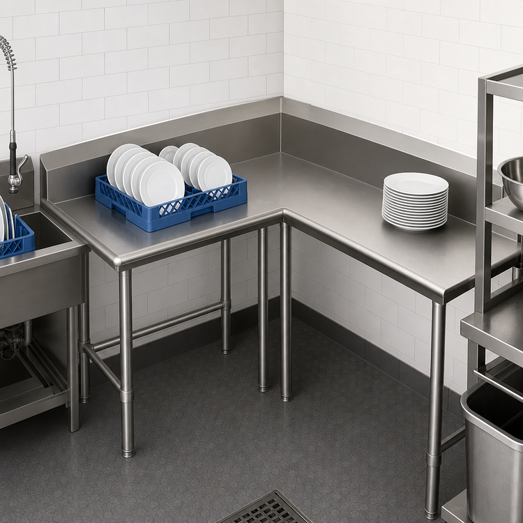 Product image #3 for John Boos Pro-Bowl Corner Clean Dish Table, L-Shaped, 60" Machine-to-Corner x 84" Corner-to-End, Right-to-Left, 16/300 Stainless Steel