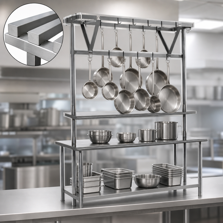 Product image #3 for Table-Mounted Triple-Bar Stainless Steel Pot Rack, 100" W x 20" D, for 108" Tables