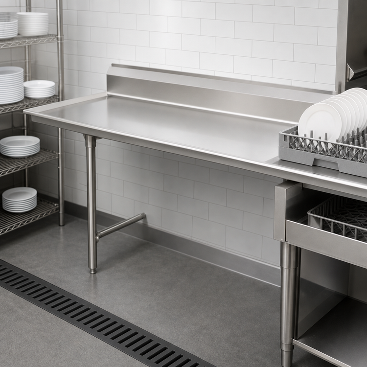 Product image #3 for Eagle Group Straight Clean Dishtable, 84 x 30 Inch, Right-to-Left, 16/430 Stainless Steel Top, 8-Inch Backsplash, Galvanized Legs