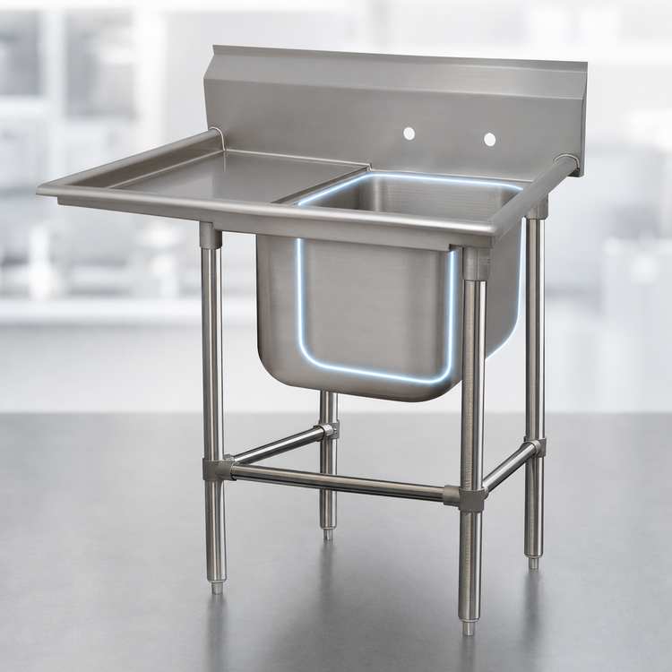 Product image #3 for Advance Tabco Regaline 1-Compartment Sink with Left-Hand Drainboard, 24 x 24 Inch Bowl, 14 Gauge 304 Stainless Steel
