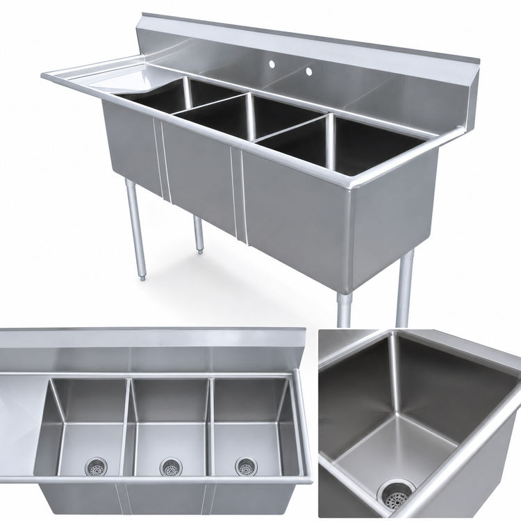 Product image #3 for Commercial 3-Compartment Pot Sink with Left-Hand Drainboard, 304 Stainless Steel