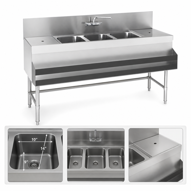 Product image #3 for Spec-Bar Three-Compartment Underbar Sink Unit with Left & Right Drainboards, 72 x 19 x 37 Inches