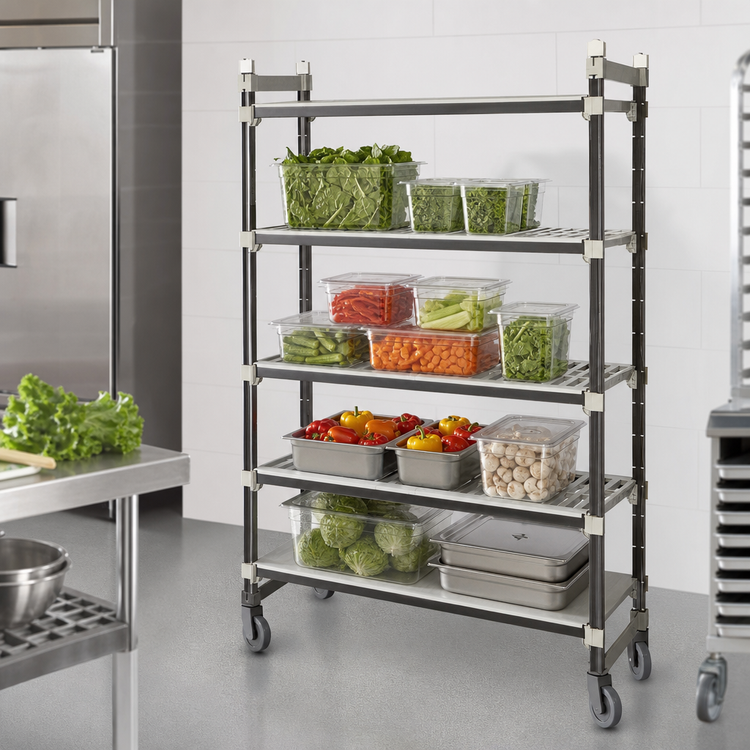 Product image #3 for Cambro Camshelving Elements XTRA 4-Tier High Density Top Rail Mobile Starter Unit, 18 x 60 x 80 Inches, 3 Vented + 1 Solid Shelf Configuration