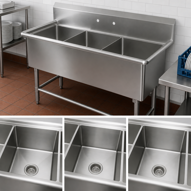 Product image #3 for John Boos Pro-Bowl 3-Compartment Stainless Steel Sink with 10-Inch Backsplash, 95-1/8 x 29-1/2 x 44-1/16 In.