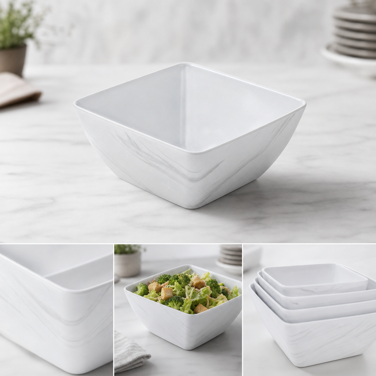 Product image #3 for American Metalcraft Naturals Collection Square Melamine Bowl, 54 oz., White Marble Pattern