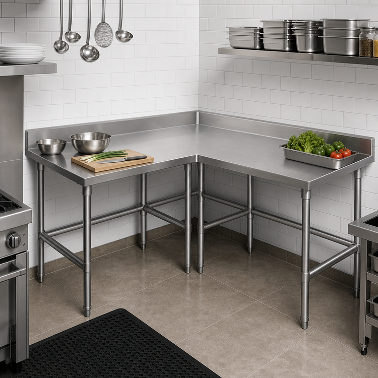 Product image #3 for Advance Tabco L-Shaped Stainless Steel Corner Work Table, 120 x 60 in, 24 in Working Depth, 14-Gauge 304 Top, 5 in Backsplash