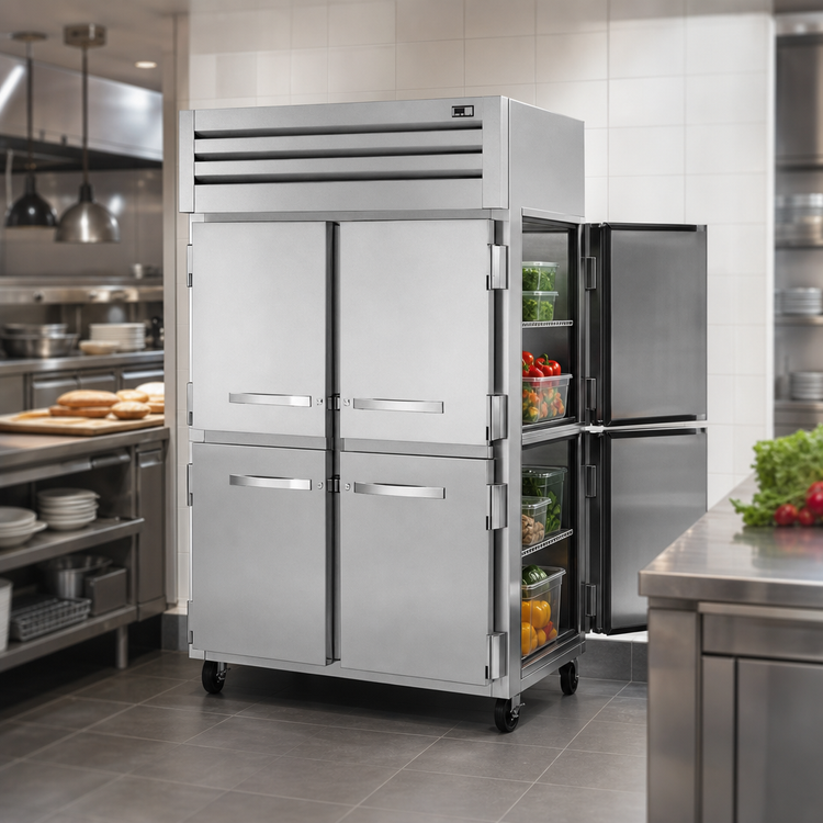 Product image #3 for True Spec Series Two-Section Stainless Steel Pass-Thru Reach-In Refrigerator with 4 Front Half Doors and 2 Rear Swing Doors