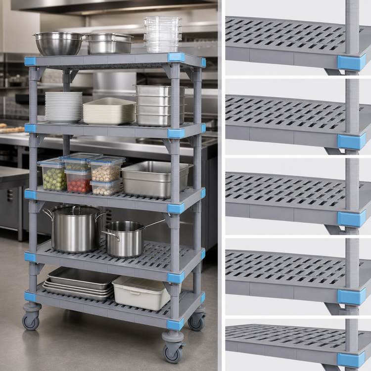 Product image #3 for Quantum Millenia Mobile Starter Polymer Shelving Unit with 5 Open Grid Shelves, Gray