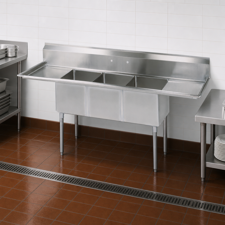 Product image #3 for BK Resources 3-Compartment Stainless Steel Sink with Left and Right Drainboards, 90-Inch Wide, 18 x 18 x 14-Inch Compartments, 9-Inch Backsplash