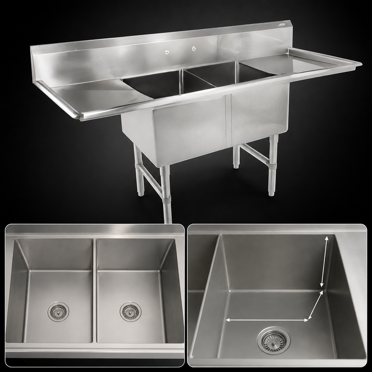 Product image #3 for John Boos B Series 2-Compartment Stainless Steel Sink with Left and Right Drainboards, 71-1/4 Inch W x 25-1/2 Inch D