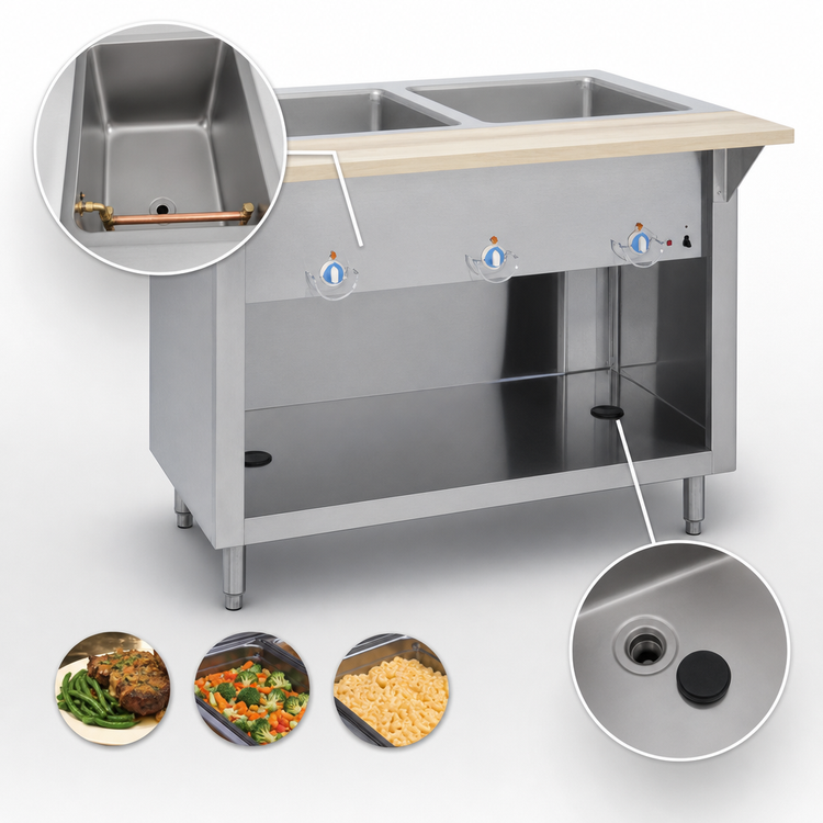 Product image #3 for Duke Thurmaduke 32-Inch Electric Stationary Steamtable with 2 Sealed Wells and Open Storage Base