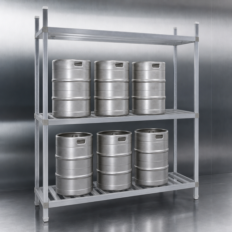 Product image #3 for Advance Tabco Aluminum Adjustable Keg Rack, 60"W x 20"D x 76"H, 3 Shelves, 6 Keg Capacity