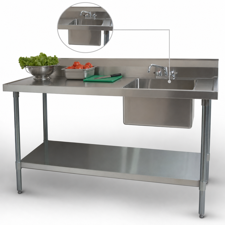 Product image #3 for BK Resources 72-Inch Right-Side Prep Sink Work Table with 18/304 Stainless Steel Top, 6-Inch Backsplash