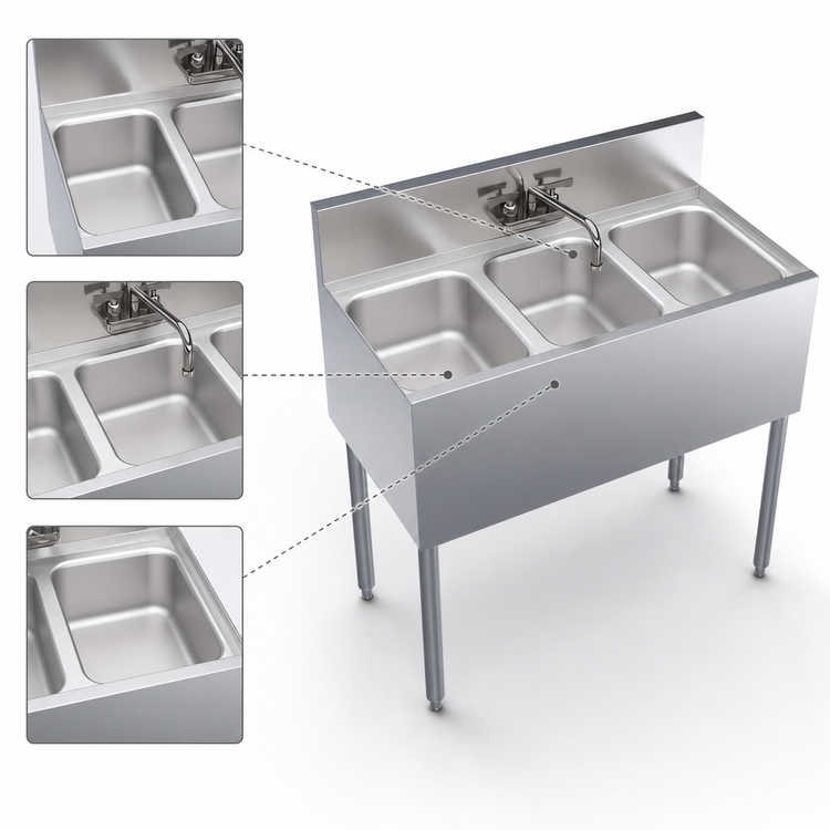 Product image #3 for Krowne Royal Series 36-Inch Three-Compartment Underbar Sink Unit with Swing Spout Faucet
