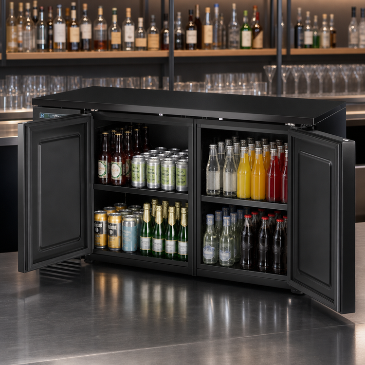 Product image #3 for 60-Inch Wide, 24-Inch Deep Two-Section Single-Zone Back Bar Cooler with Solid Swing Doors and Black Exterior