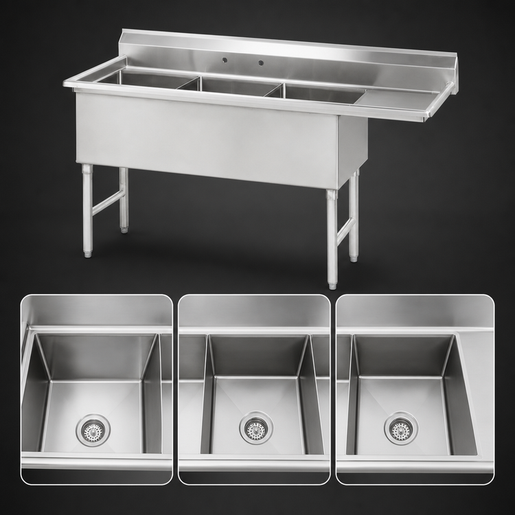 Product image #3 for Advance Tabco 3-Compartment Fabricated Sink with 24 Inch Right Drainboard, 14 Gauge 304 Stainless Steel