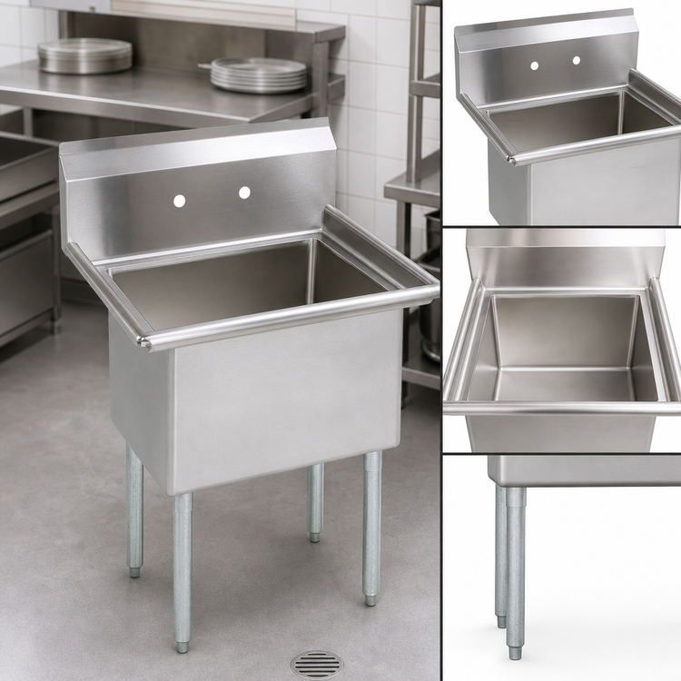 Product image #3 for BK Resources 1-Compartment Stainless Steel Sink with 20 x 20 x 12 Bowl, 9-Inch Backsplash, No Drainboards, Galvanized Legs