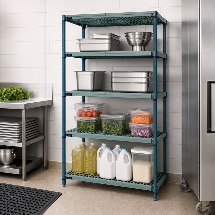Product image #3 for Quantum 4-Tier Stationary Wire Plastic Mat Shelving Unit, 24W x 21D x 63H, Green Epoxy Antimicrobial Coated