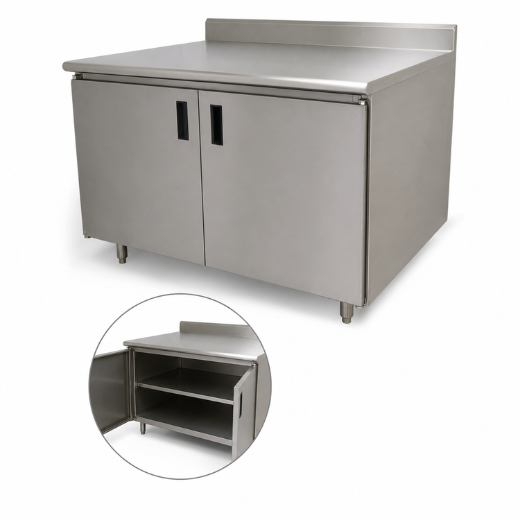 Product image #3 for Advance Tabco Special Value Economy Enclosed Work Table with Cabinet Base, 108 Inch W x 30 Inch D, 16 Gauge 304 Stainless Steel Top, 5 Inch Backsplash
