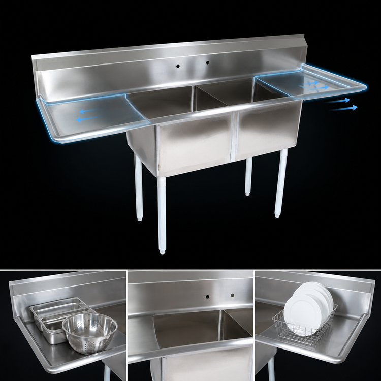 Product image #3 for John Boos E-Series 2-Compartment Sink with Left & Right Drainboards, 68 Inch Wide, 12 Inch Deep Bowls