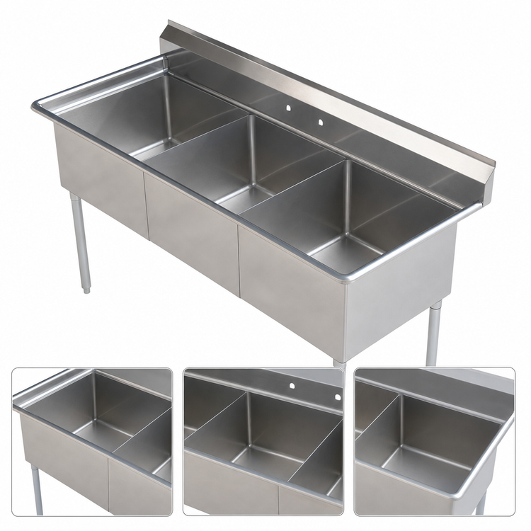 Product image #3 for Sapphire Manufacturing 3-Compartment Stainless Steel Sink with 24" x 24" x 14" Compartments and Backsplash