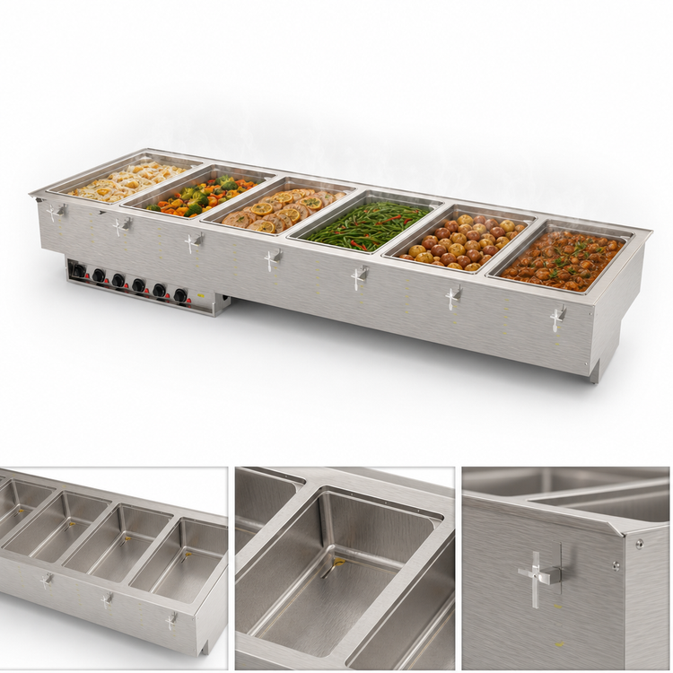 Product image #3 for Vollrath 6-Well Drop-In Electric Hot Food Well Unit with Manifold Drain, Wet Operation, Individual Thermostatic Controls, Marine-Grade Stainless Steel