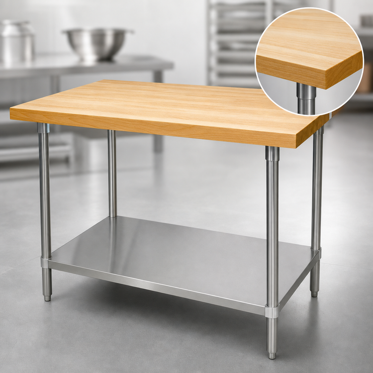 Product image #3 for Advance Tabco 60 x 24 Inch Laminated Hard Maple Top Work Table with Stainless Steel Open Base and Adjustable Undershelf