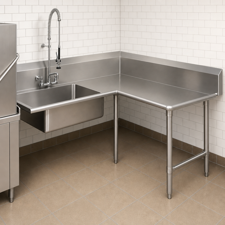 Product image #3 for John Boos Pro-Bowl L-Shaped Corner Soiled Dishtable, 60" Machine-to-Corner x 108" Corner-to-End, Right-to-Left, 1 Pre-Rinse Bowl, Stainless Steel