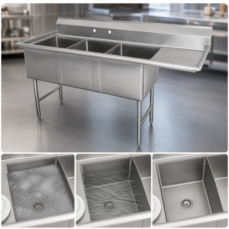 Product image #3 for Advance Tabco Special Value Series 3-Compartment Fabricated Sink with 18-Inch Right Drainboard, 68-1/2-Inch, 16-Gauge 304 Stainless Steel