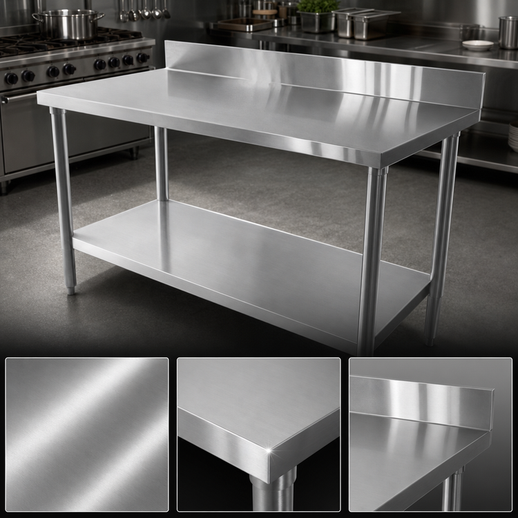 Product image #3 for Thunder Group 84-Inch x 30-Inch 18-Gauge 430 Stainless Steel Flat Top Work Table with 4-Inch Backsplash and Galvanized Undershelf