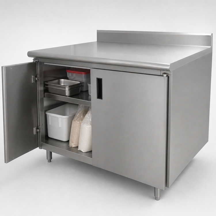 Product image #3 for Advance Tabco 96-Inch x 30-Inch Enclosed Work Table with Cabinet Base, 14-Gauge 304 Stainless Steel Top and 5-Inch Backsplash