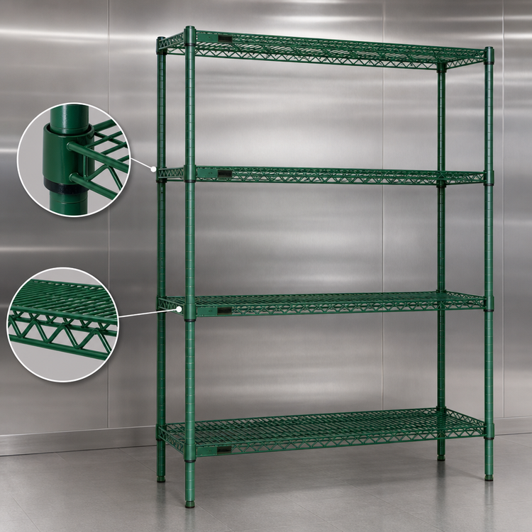 Product image #3 for Redipak 4-Tier Wire Shelving Unit with QuadTruss Shelves, 60" W x 18" D x 63" H, Green Epoxy Finish