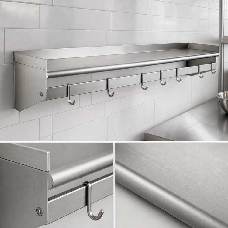Product image #3 for Eagle Group Commercial Wall-Mount Pot Rack Wall Shelf with 9 Hooks, 108 Inch W x 12 Inch D