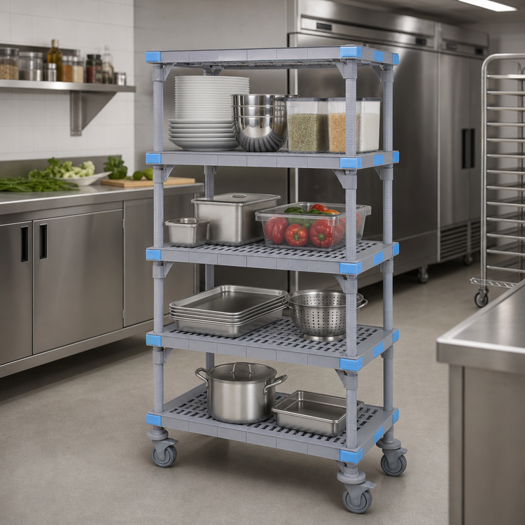Product image #3 for Millenia Mobile Polymer Shelving Unit with 4 Open Grid Shelves, 54 x 18 x 62 Inches, Gray