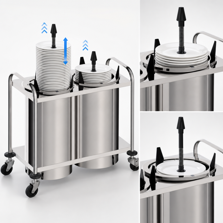Product image #3 for Atlas Metal 2-Stack Heated Mobile Open Plate Dispenser for 6-1/2-Inch Round Plates