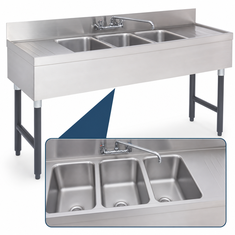 Product image #3 for Advance Tabco Special Value Series 60-Inch 3-Compartment Stainless Steel Bar Sink Unit with Drainboards and Splash-Mount Faucet